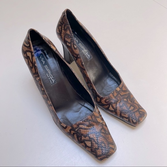 💜🤑 VIA SPIGA Brown Python Print Square Toe Womens 10.5M Heels Pumps Shoes - Picture 2 of 8